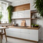 Μοντέρνα κουζίνα με φυσικά υλικά και φυτά.